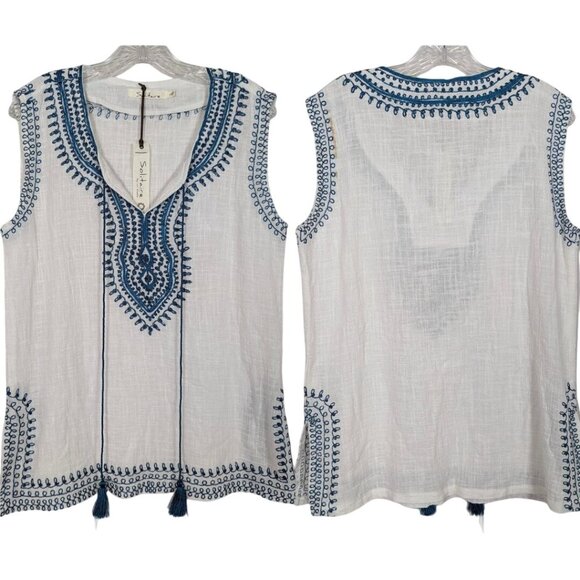 Solitaire by Ravi Khosla sleeveless blue white Summer bohemian embroidered Tunic - Picture 3 of 15